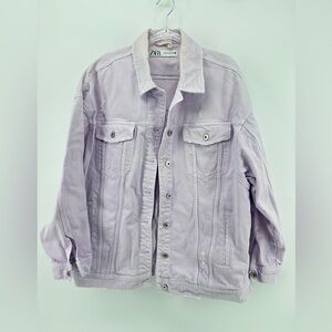 Zara Women's XL Lilac Purple Long Sleeve Collared Denim Jacket Long Distressed